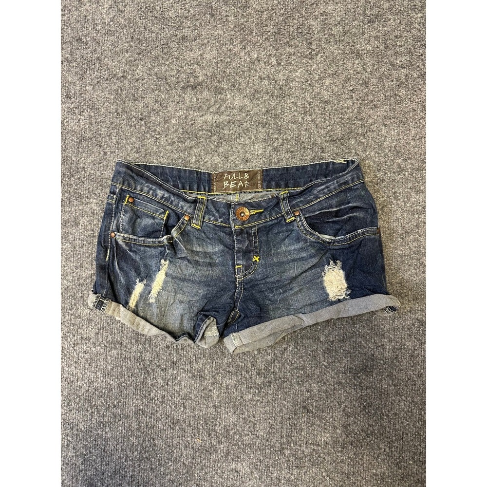 Pull&Bear Denim Shorts Womens Size 26 Blue Distressed Ripped Low Rise Mini Y2K